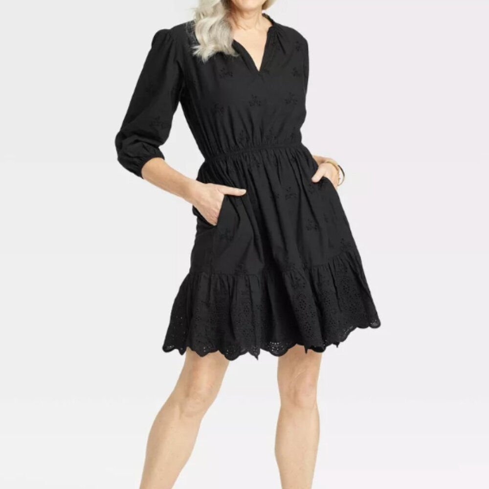 Women's Bishop 3/4 Sleeve Eyelet A-Line Dress - Knox Rose™ Black S